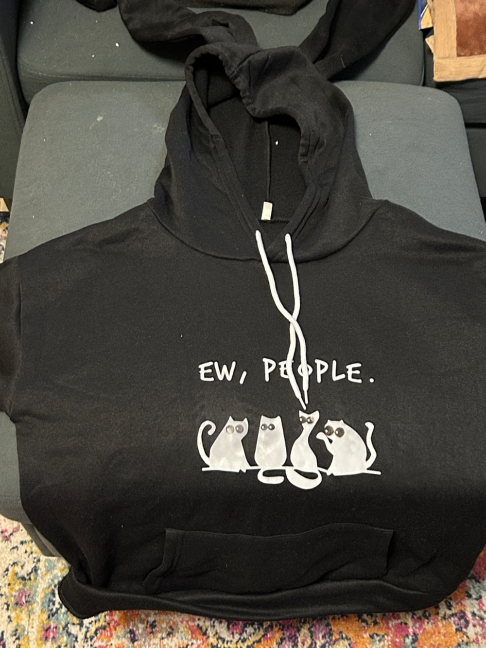 Cat Graphic Black Hoodie - "Ew, People."